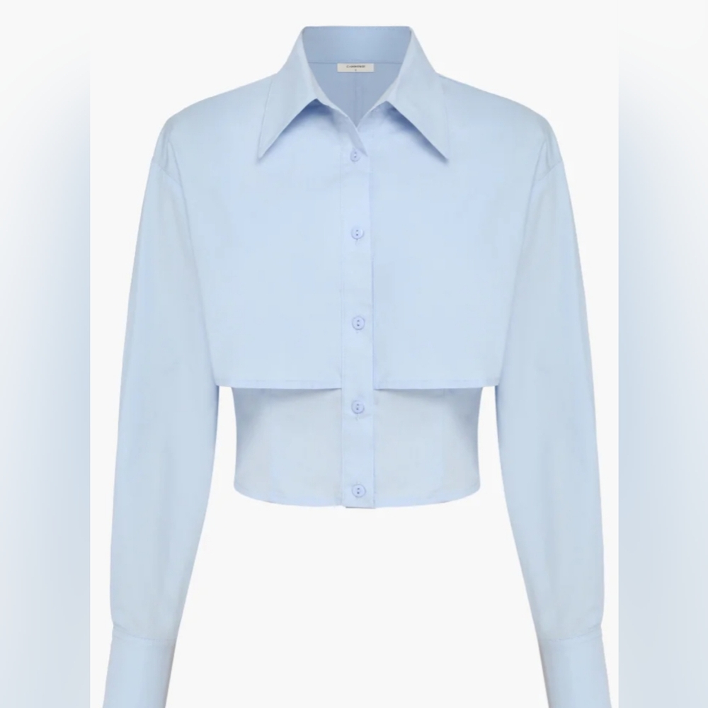 NWOT COMMENSE Baby Blue Open Collar Double Layer Crop Shirt Sz L
